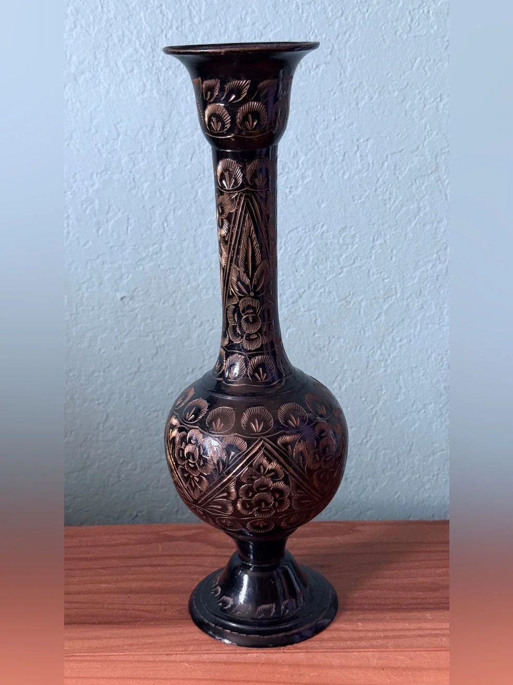 Vintage India Engraved Metal Vase Floral Etched Black Brass 11.5”